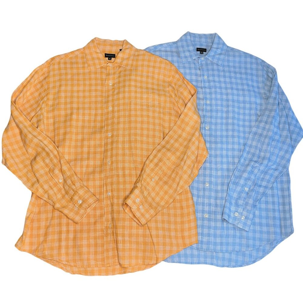 2 Henry Cottons Men's Linen Plaid Dress Shirts Sz Small Tall Blue Orange Easter